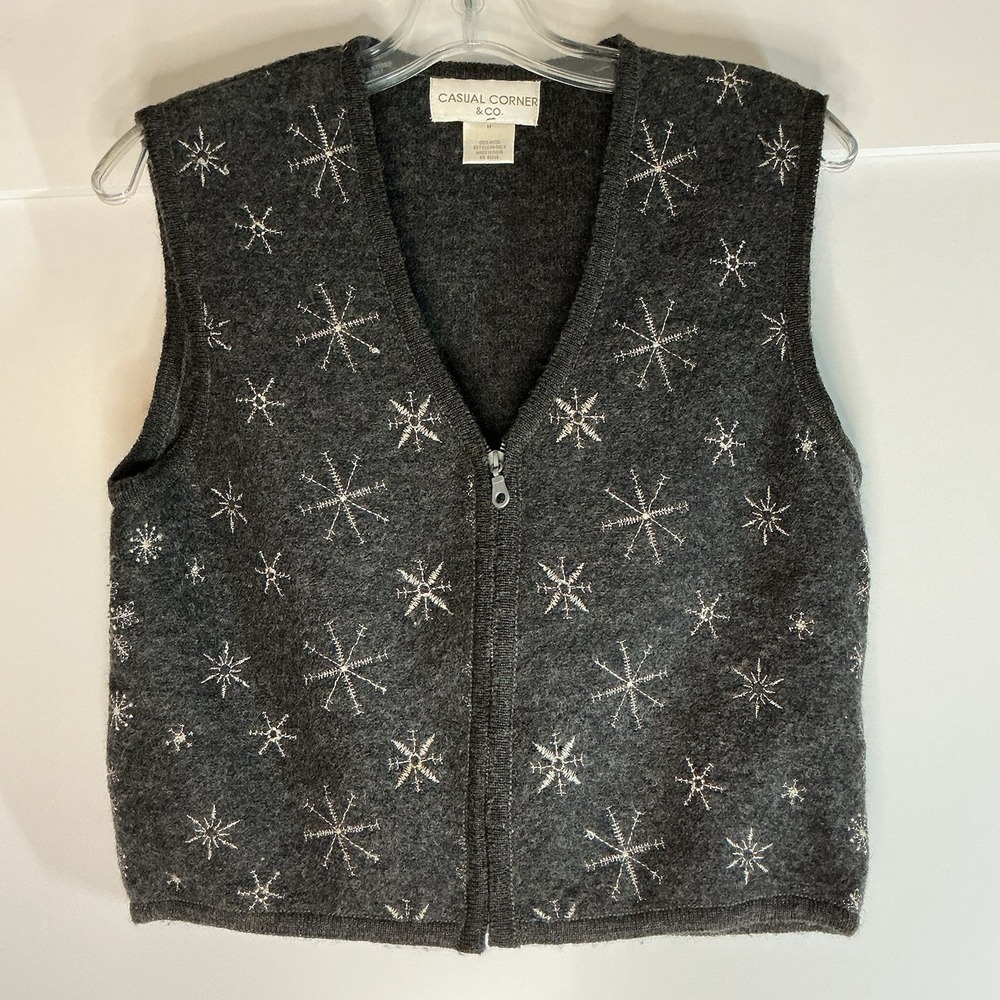 VTG Casual Corner Gray Embroidered Wool Sweater‎ Vest Womens Medium Cottagecore
